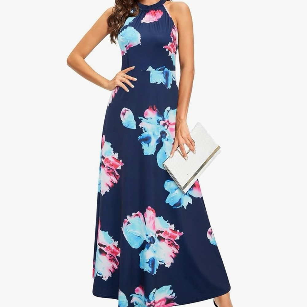 Blue Halter Maxi Dress for Wedding Guest